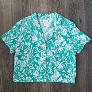💙 Nicole Miller Tropical Print Oversized Blouse 100% Linen European Grown Flex